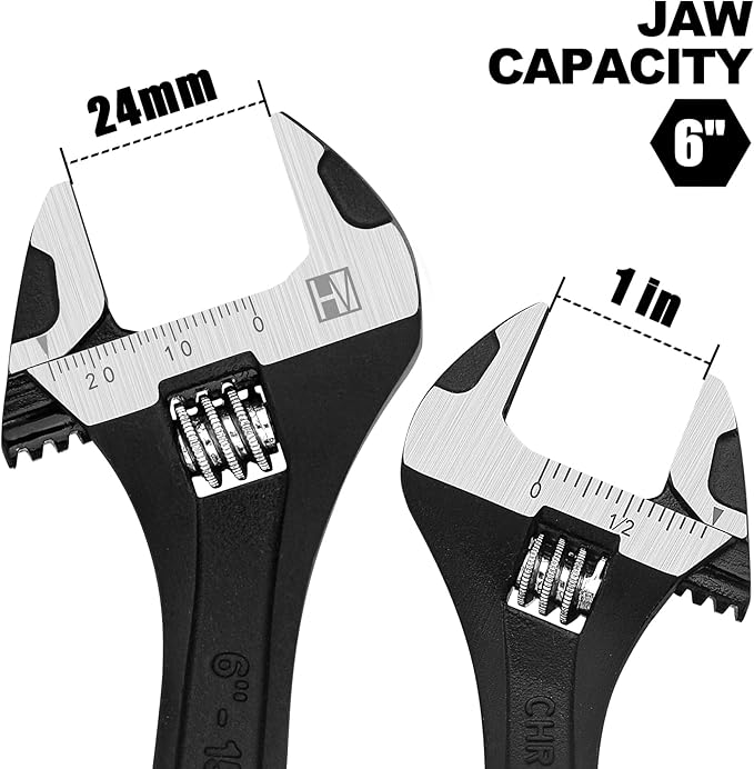 HAUTMEC 6 inch Adjustable Wrench Extra Wide Jaw Black Finish Adjustable Wrenches Drop-Forged CR-V Steel Metric & SAE Scales for Home Garage Workshop DIY