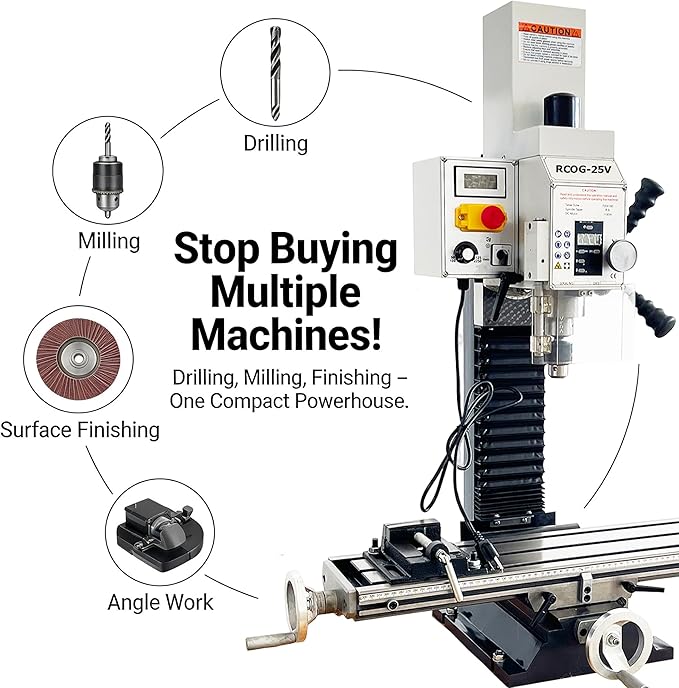 INTBUYING Benchtop Mini Milling Drilling Machine Brushless Precision Mill Drill Lathe, 50-2250rpm, 19in X-Axis Stroke R8 Spindle for Home DIY Metal Wood Plastic Processing RCOG-25V 1100W 110V