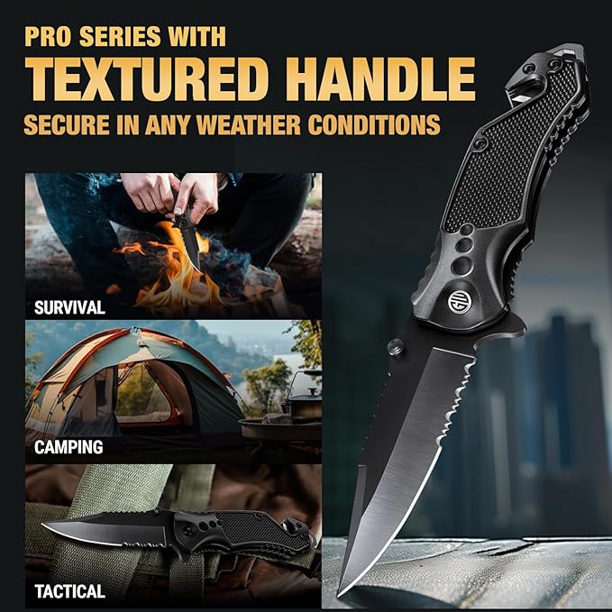 GOOD WORKER Legal Pocket Knife with 2.95??Serrated Blade, Glass Breaker, Seat Belt Cutter - EDC Sharp Folding Knives with Portable Clip - Small Tool for Tactical Camping Survival Hiking - Gifts for Men, Women