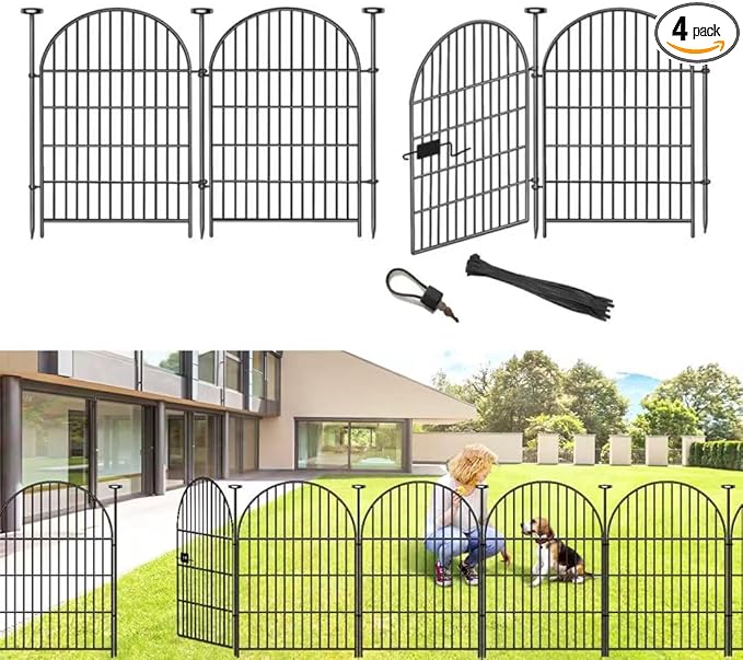 Adavin Tall Garden Fence Animal Barrier with Gate, 40 in(H)횞8.8ft(L) 4 Panels No Dig Fence for Dogs, Rustproof Metal Wire Temporary Fences for Dogs Rabbits, Black Garden Fencing for Yard Lawn Patio