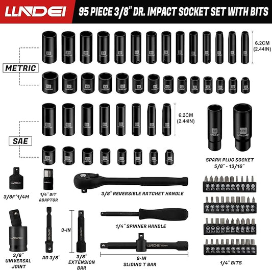 LLNDEI 3/8?쒭rive Impact Socket Set,Standard SAE(5/16 to 3/4-Inch) Metric Size(8-22mm), 95 Piece, CR-V Steel Deep&Shallow Kit, Adapters, Ratchet Handle, Screwdriver Bit Set, Spark Plug Socket, 6 Point