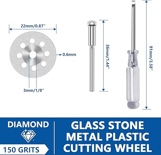 22mm 20Pcs Diamond Cutting Wheel 545 Cut Off Discs Coated for Dremel Rotary Tool with 402 Mandrel (3mm) 4pcs and Screwdriver for Stone Glass Tile Marble Cutting (22mm)