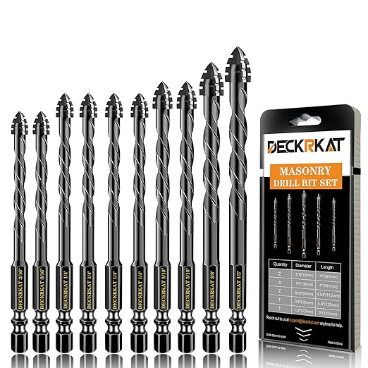 DECKRKAT Upgraded Black 4-Flute Serrated Masonry Drill Bit Set - 10-Piece Set (3/16" to 1/2") for Concrete, Tile, Glass, Brick, Ceramic, Plastic