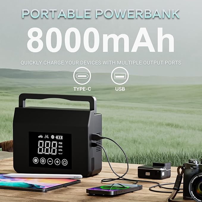 Hieha 4000A Portable Jump Starter with Air Compressor, 12V Car Battery Charger (All Gas 8L Diesel) with 150PSI Tire Inflator 15000mAh PowerBank & Quick Charge, Flashlight, emergency kit for Car, truck