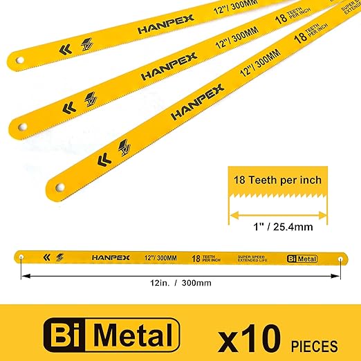 Hacksaw Replacement Blades (10 Pack) High Speed 18 TPI - 12" Length Hack Saw Blade - Bi-Metal HSS Cutting Blades