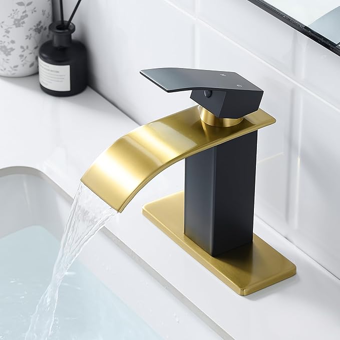 FRANSITON Waterfall Bathroom Faucet Lavatory Single Handle 1 or 3 Hole Bathroom Sink Faucet Washbasin Faucet with Deck and Pop-up Drain (Black & Gold, Short)