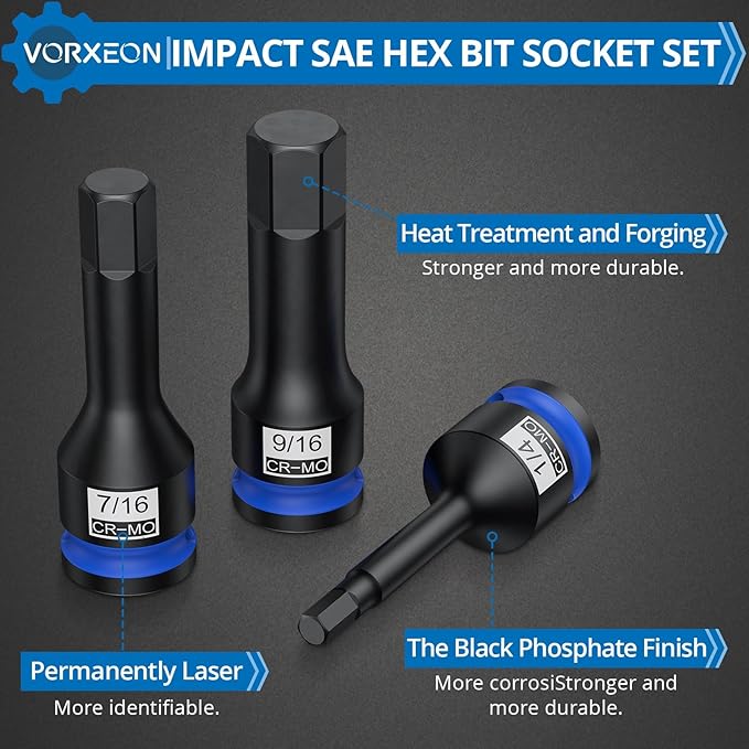 10 PCS 1/2" Drive SAE Impact Allen Hex Bit Socket Set 42CRMO with Storage Case 1/4” 9/32” 5/16” 3/8” 7/16” 1/2” 9/16” 5/8” 11/16” 3/4”