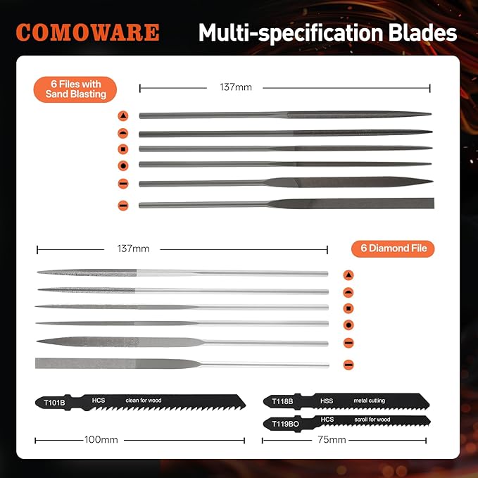 COMOWARE File & Handsaw Set, 3 Saw Blades & 12 Diamond/Needle Files, Quick Change Mechanism Metal Flies Tool Portable Case for Woodworking DIY Model Crafting Plastic Cutting Tools