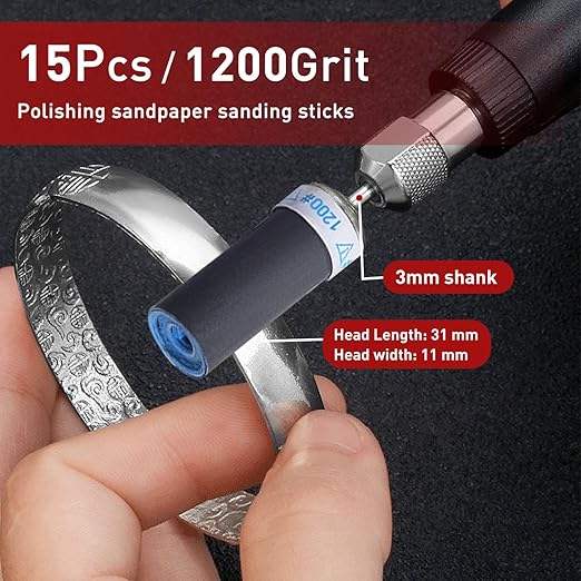 15Pcs 1200 Grit Sanding Drums Sandpaper Sticks Set with 1/8"(3mm) Shank for Dremel Rotary Tool, Suitable for Metal Rust Removal/Jade Polishing/Stone Grinding