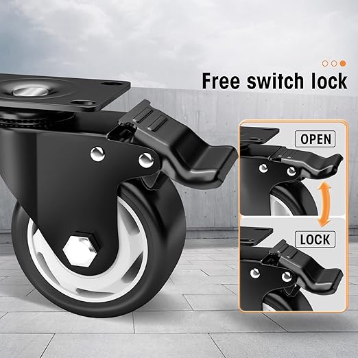 Casters, 4" Caster Wheels竊똂asters Set of 8 Heavy Duty - ASRINIEY Black Polyurethane Castors, Top Plate Swivel Wheels, 8-Pack Industrial Casters with Brake, Locking Casters for Furniture and Workbench