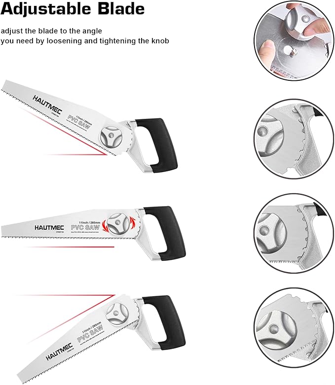 HAUTMEC Heavy Duty 11-Inch PVC/ABS Pipe Saw And General Purpose Hand saw, Adjustable Cutting Angle, For Cutting Pipe In Tight Spaces, for Trimming, Gardening, Wood, Drywall, And Plastic HT0027-SA