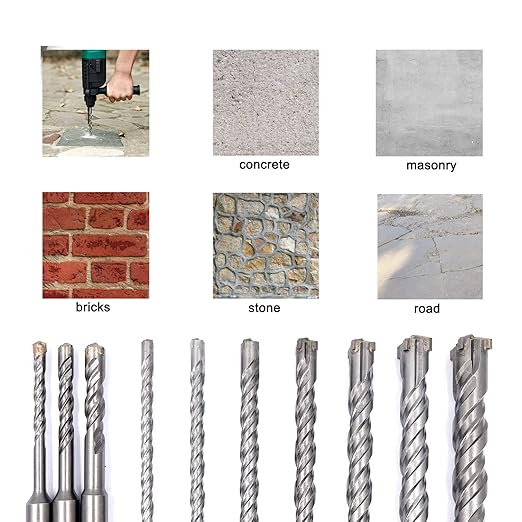10 Pieces Carbide-Tipped SDS-Plus Rotary Hammer Drill Bit Set for Concrete竊똁rick,Block,Stone,Masonry