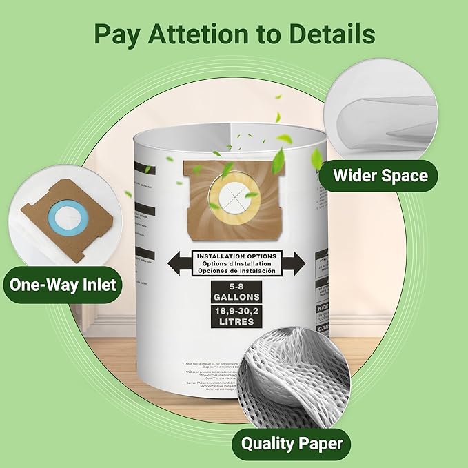 3 Pack Replacement for Shop Vac Bags 5-8 Gallon竊똖ype E 90661 9066133, Type H 90671 9067133, VF2004, VHBS, VDBS, PETOX High-Efficiency Disposable Vaccum Collection Filter Bags