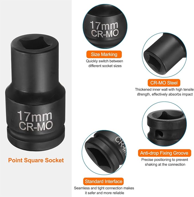 HARFINGTON 4 Point Square Socket 1" Drive 17mm Metric Square Impact Socket CR-MO Blackening Standard Wheel Sleeve Pneumatic Sleeve Tool for Auto Repair Mechanical Maintenance Home Use
