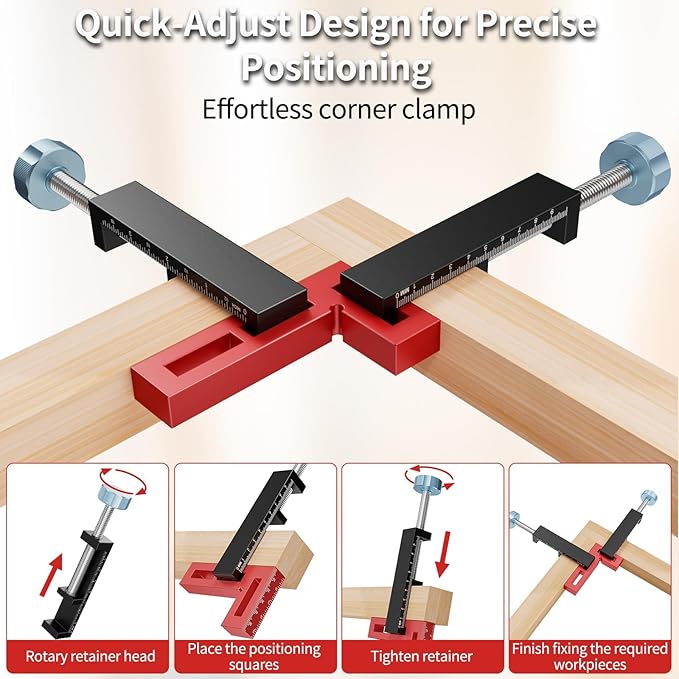 Preciva Corner Clamps for Woodworking, 90 Degree Positioning Squares with 4 C-Clamps, High-Strength Aluminum Alloy for Perfect Right Angle on Cabinets, Frames, Drawers (red-1)