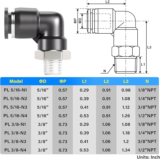 TAILONZ PNEUMATIC Male Elbow 3/8 Inch Tube OD x 1/8 Inch NPT Thread 90 Push to Connect Fittings PL-3/8-N1 (Pack of 10)