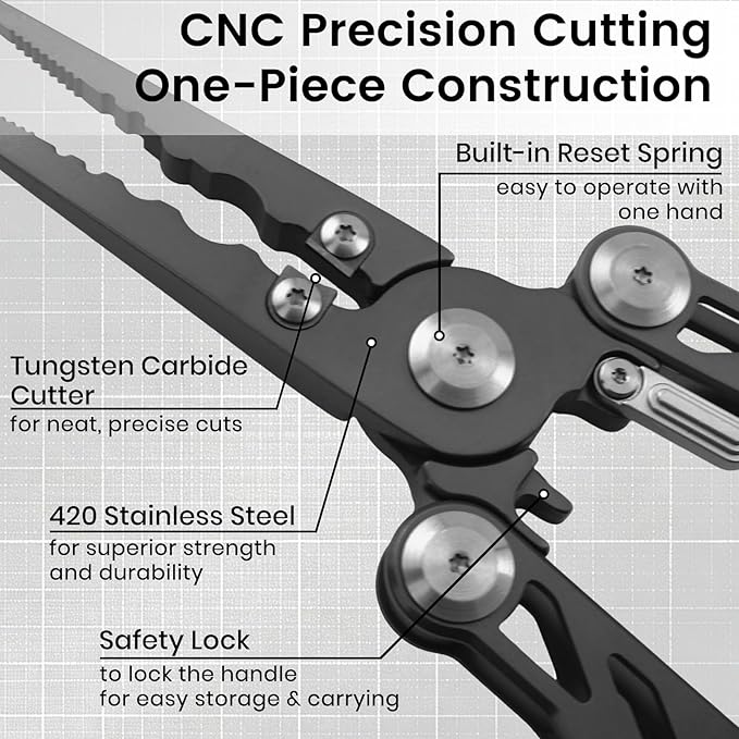 Pristis Multitool Pocket Pliers, Foldable Stainless Steel Titanium Coated Multi-Function Hook Remover, Portable Folding Professional Saltwater Split Ring Fishing Gear Kit for Outdoor Camping