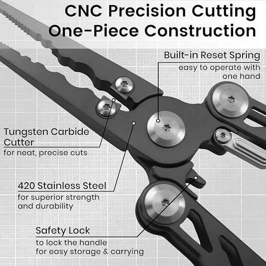 Pristis Multitool Pocket Pliers, Foldable Stainless Steel Titanium Coated Multi-Function Hook Remover, Portable Folding Professional Saltwater Split Ring Fishing Gear Kit for Outdoor Camping
