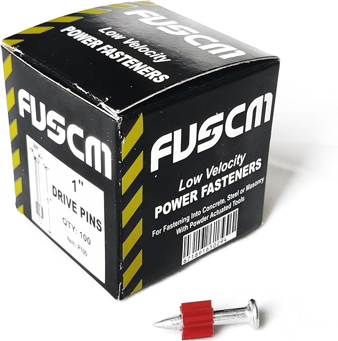1" Powder Actuated Fasteners,.300 Head Diameter Drive Pins with red Flute, P100, 100pcs/pack