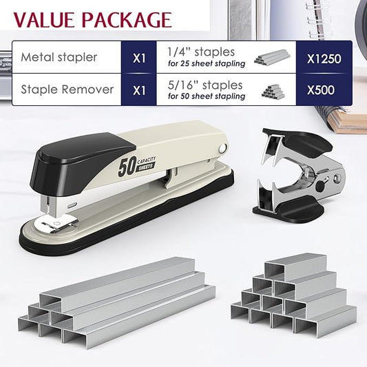 Metal Stapler Heavy Duty 50 Sheet Capacity with 1750 Staples and Staple Remover, Full Strip Staplers for Desk, No Jam, Non-Slip for Office & Classroom, White