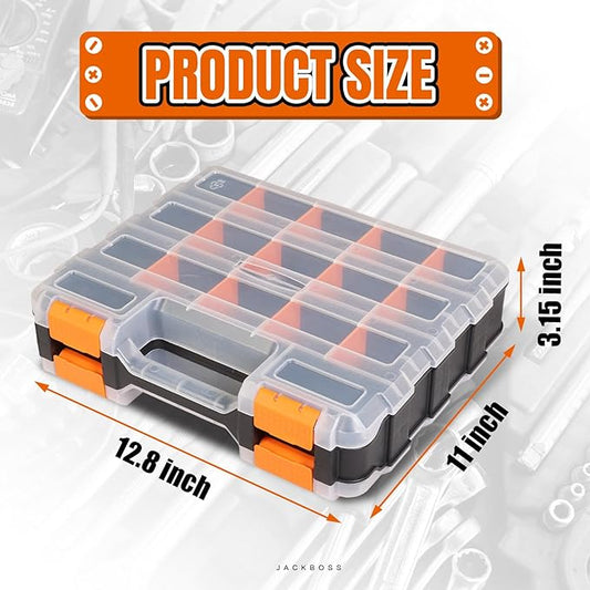 Tool Box with Transparent Lid, Double Side 34-Compartments Organizer Box with Removable Dividers for Hardware, Screws, Bolts, Nails, Beads, Jewelry and Fishing Accessories, Orange, 1 Pack