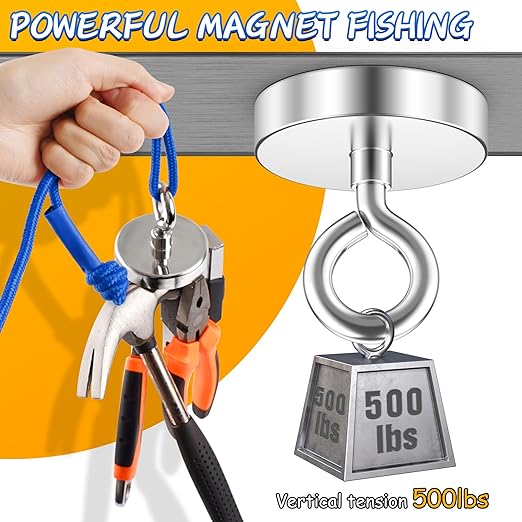Grtard 500LBS Magnet Fishing Kit for Men's Gifts, Strong N52 Neodymium Fishing Magnets(2.36''), 65ft Rope, Grappling Hook, Gloves & Locking Carabiner, Threadlocker, Gifts for Men, Dad, Husband