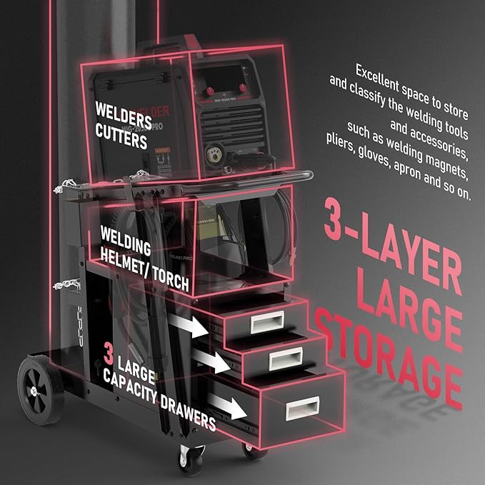 YESWELDER Welding Cart with 3 Drawers for MIG Welder TIG Welder and Plasma Cutter, Heavy Duty Large Storage 360째 Rolling Welding Trolley