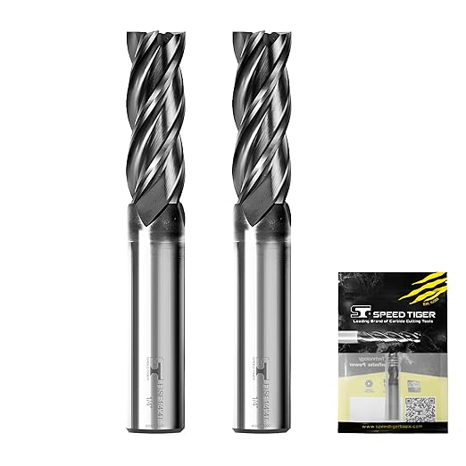 SPEED TIGER EISE 1/4" Carbide Square End Mill - 4 Flutes Milling Bits Set for Alloy Steels, Hardened Steels, Aluminum, Copper, Cast Iron, HRC 50 Deg AlTiN Coating, CNC Router Bits (2pcs)