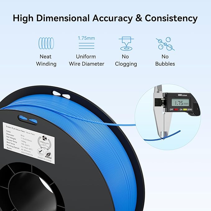 Creality 3D Printer Filament, PLA Filament 1.75mm Bundle for 3D Printing, Ender PLA Filament 3D Printers, No-Tangling, Strong Bonding & Overhang Performance, Accuracy +/- 0.02mm (Black & Grey 2-Pack)