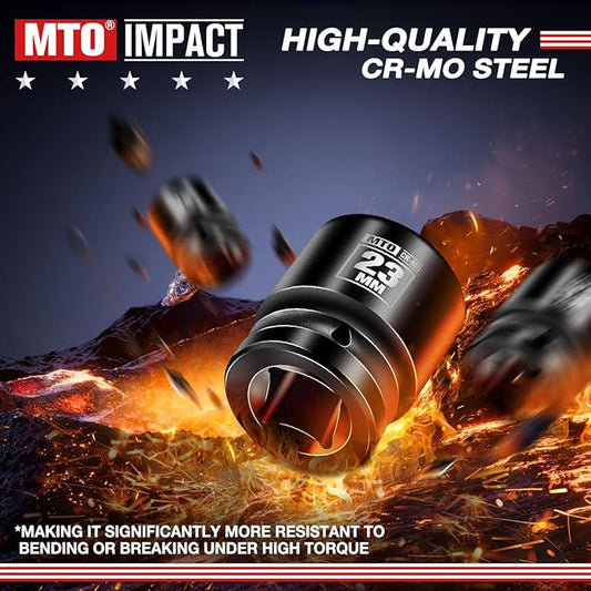 MTO 1/2" Drive 23mm Shallow Impact Socket, 6-Point Metric Socket, CR-MO Steel & Anti-Corrosion Coating for Tight Spaces and Heavy-Duty Tasks