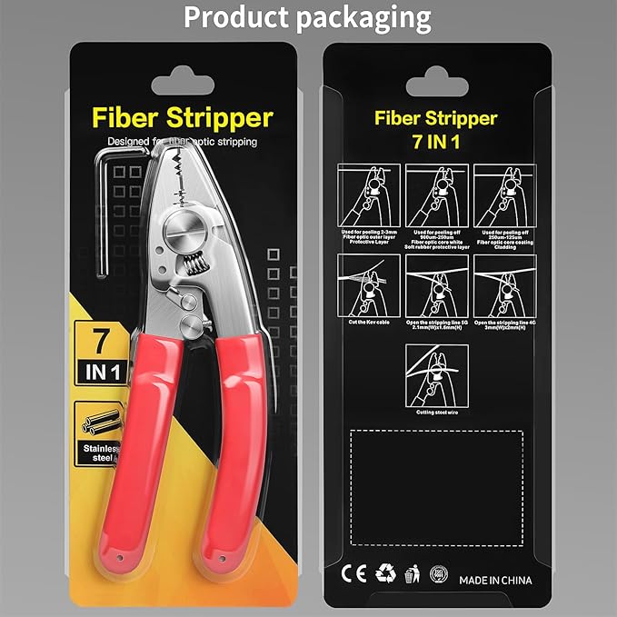 2-piece kit Fiber Optic Stripper & Fiber optic cleaning clip 7-in-1 Functions Fiber Optic Stripping Pliers, 5G/4G Stripping Holes And Fiber Optic Scissors, For Network/Coaxial/Fiber Optic Cables
