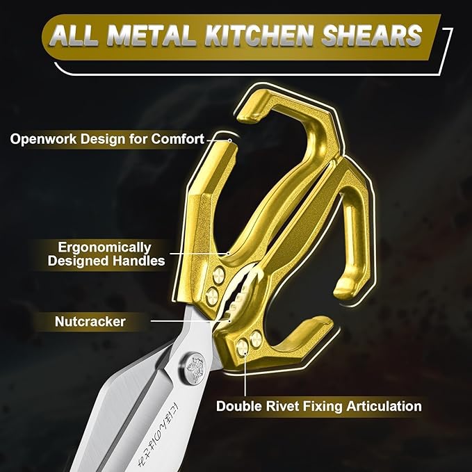 Dream Reach Kitchen Scissors Heavy Duty Kitchen Shears for Food, Meat Scissors Dishwasher Safe, Poultry shears Set for Turkey, Meat, Seafood, Bone Cutting - Christmas Gifts for Men (Golden)