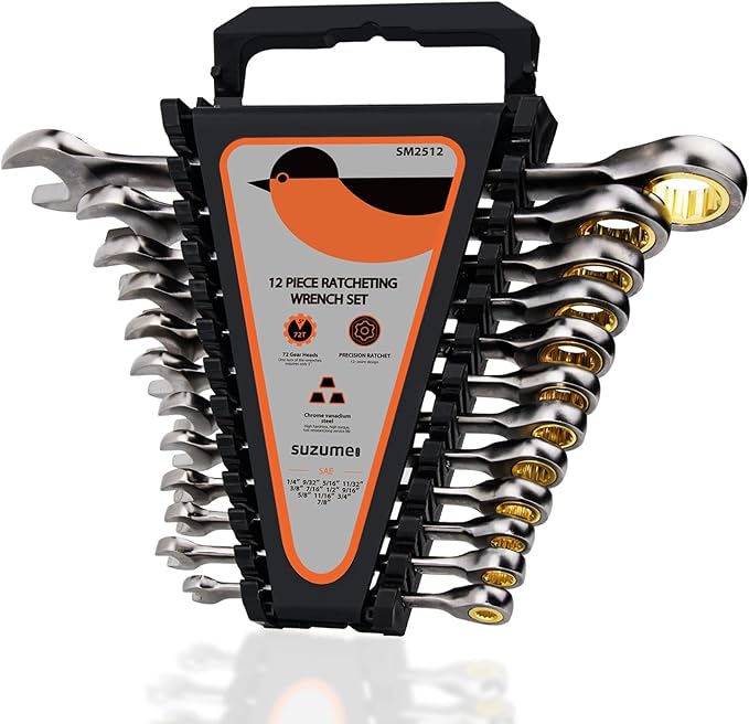 SUZUME SAE Ratcheting Wrench Set 12-Piece (1/4"-7/8") Chrome Vanadium Steel 15K+ Cycle Locked Gears Nickel Plated 72-Tooth 5째 Swing with Organize for Bicycles Cars Motorcycle