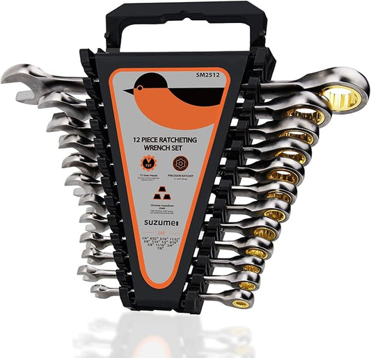 SUZUME SAE Ratcheting Wrench Set 12-Piece (1/4"-7/8") Chrome Vanadium Steel 15K+ Cycle Locked Gears Nickel Plated 72-Tooth 5째 Swing with Organize for Bicycles Cars Motorcycle