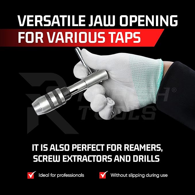3 Piece T Handle Tap Wrench Set with Jaw Opening 1/16"-5/32", 5/32"-1/4", 1/4"-1/2" - Precise Tightening Wrenches Jaws Grip for Taps, Reamers, Screw Extractors, Drills - Made in India
