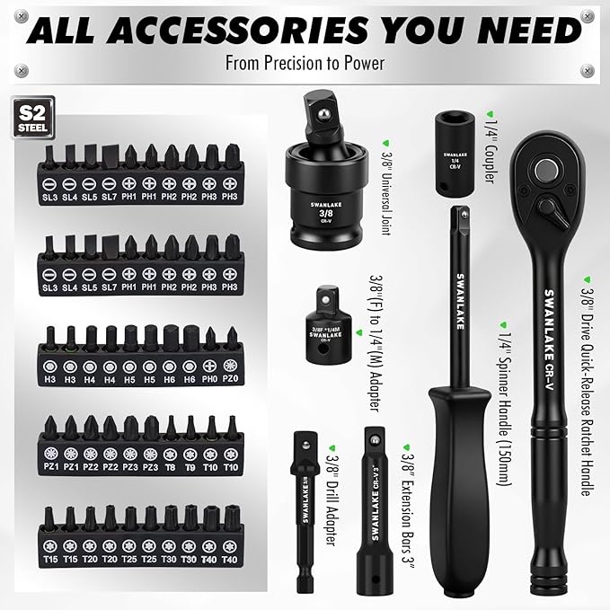 105-Piece 3/8" Drive Impact Socket Set, SAE (5/16 to 3/4 inch) and Metric (8-22mm) 6 Point CR-V Steel Socket Wrench Set, Extension Bars, Universal Joint, Ratchet Handle, Screwdriver Bit Mechanic Tool