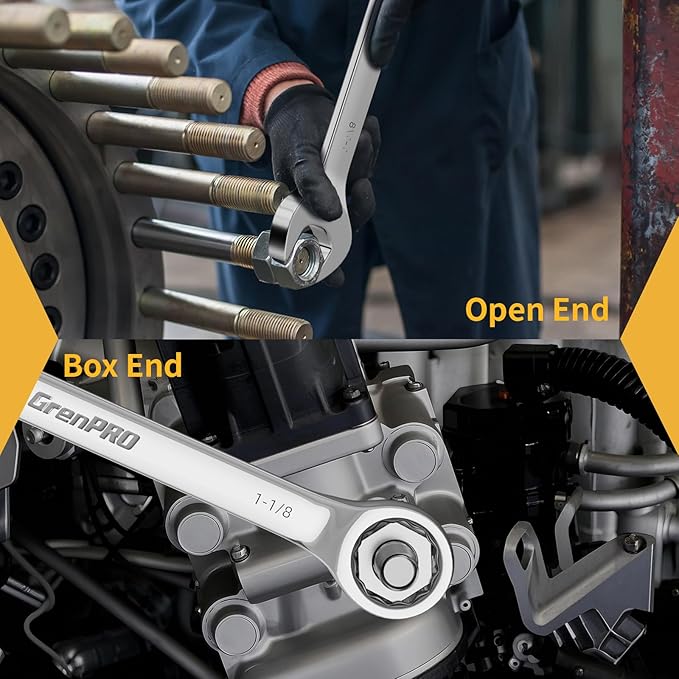 GRENPRO SAE Wrench Set, Large Wrench Set, 7-Piece 15/16", 1", 1-1/16", 1-1/8", 1-3/16", 1-1/4" Long Big Open End Wrench Tools Set Roll Up Pouch Organizer with Gauge, 12 Point Combination Wrenches Sets