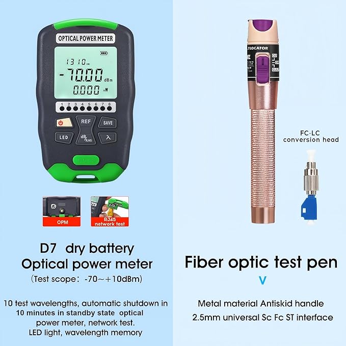 Fiber Optic Termination Tool Kit 10-in-1 Equipped with A-D7 Optical Power Meter (-70 - +10 dBm), FC-6S Fiber Cleaver and Wire Stripping Pliers, Aramid Scissors, Fiber Optic Tool Kit