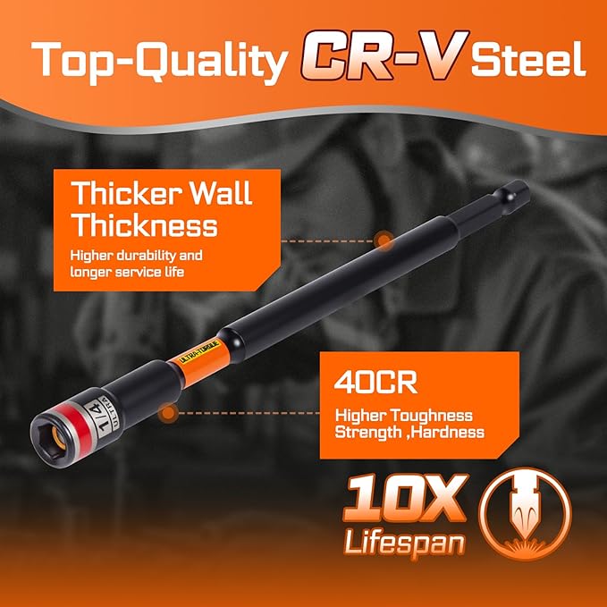 Impact Nut Driver Set, 10 Pieces 6?쒵ong 1/4?? Point Alloy Steel Magnetic SAE Nut Setter Set Use For Require Installing 1/4 Hex Shank Impact Driver with Case Box