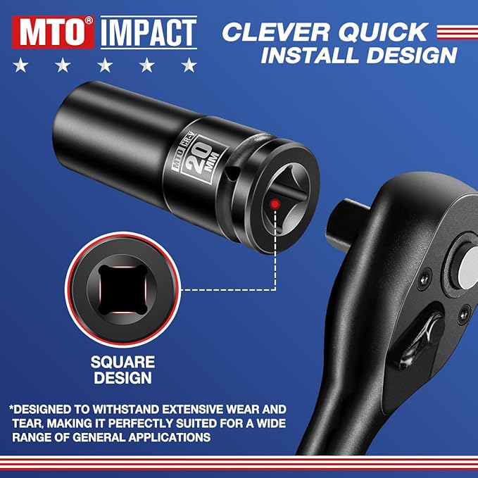 MTO 1/2" Drive 20mm Deep Impact Socket, 6-Point Metric Socket for Automotive Maintaince, CR-V Steel Meets ANSI Standards