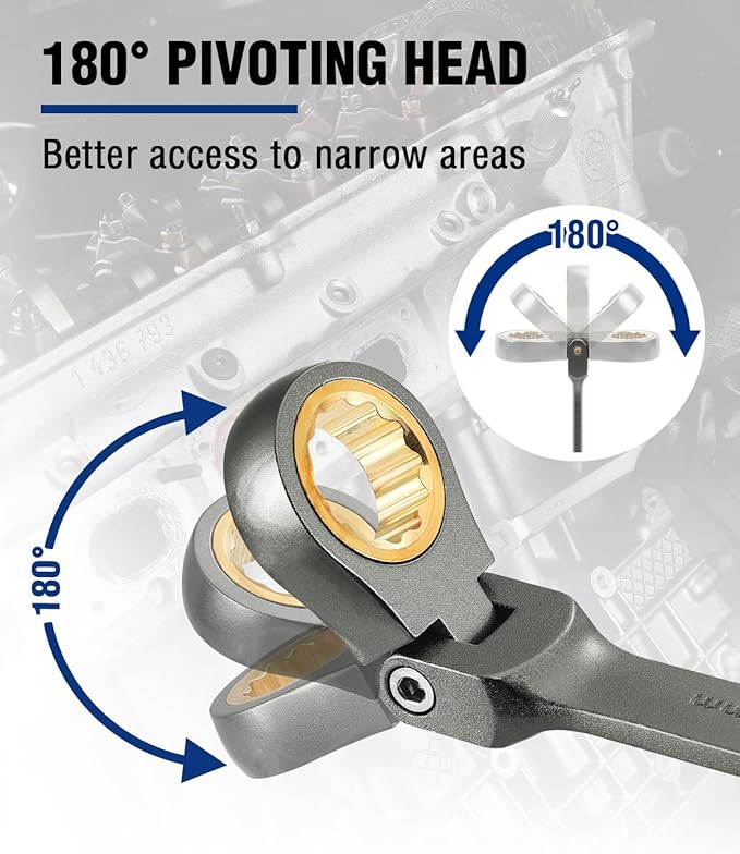 WORKPRO 11 mm Flex-Head Ratcheting Combination Wrench, Cr-V Constructed, Nickel Plating, 72-Teeth, 12 Point Design, Metric