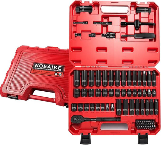 95Pcs 3/8-Inch Drive Impact Socket Set,Cr-V Deep&Shallow Sockets Size 8mm-22mm&5/16"to 3/4"6-Point,Includes Extension Bar,Universal Joint,Screwdriver Bits,Spark Plug Socket and Ratchet Handle