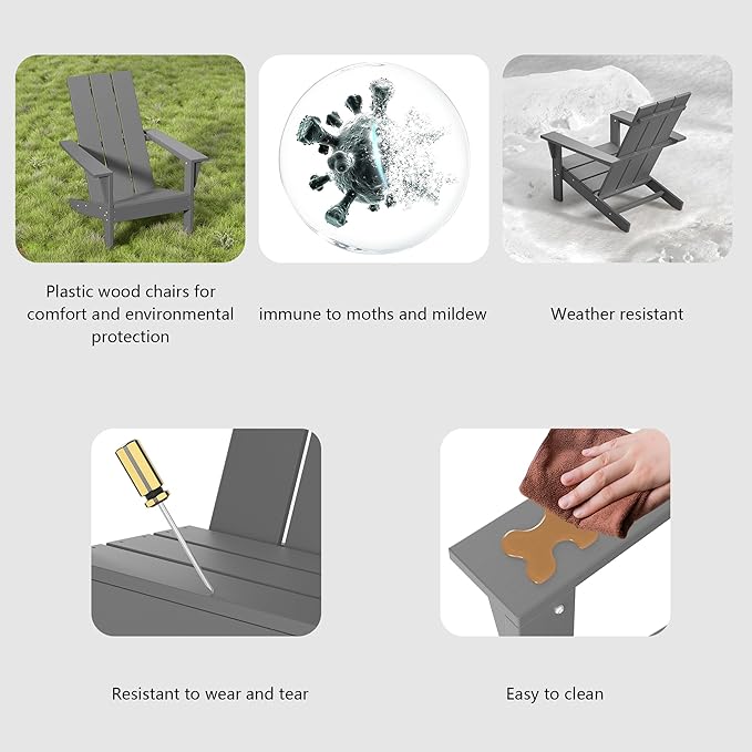 3 Pieces Adirondack Chair Set Outdoor Adirondack Chair Plastic HDPE All-Weather Adirondack Chairs Outdoor Fire Pit Chairs with Table for Deck Patio Garden（Grey）