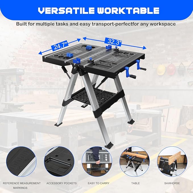 Folding Work Table, LAZYLAND 1PC 32" W x 25" D x 32" H Easy Setup Portable Folding Worktable & Sawhorse with 2pcs Quick Clamps, 2pcs Clamping Dogs for Garage/Woodworking/Construction/DIY
