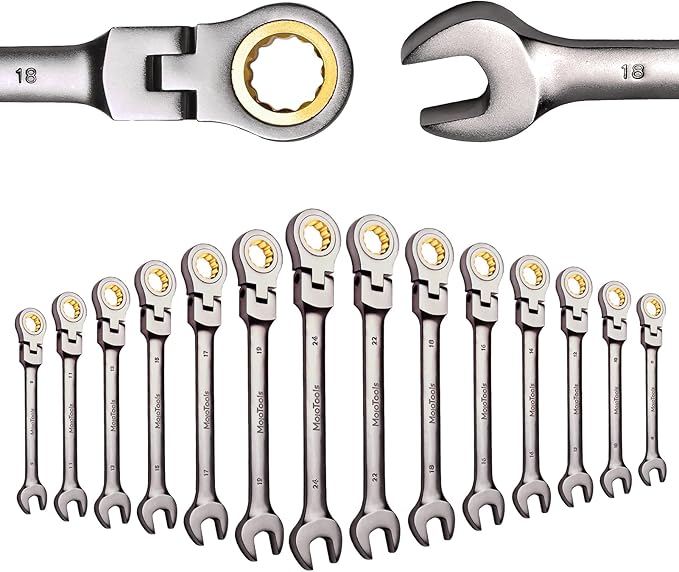 19mm Flex-Head Ratcheting Combination Wrench, Metric Standard, 72-Tooth 12-Point Ratchet Box End & Open-End Spanner, CR-V Steel, Nickel-Plated for Durability
