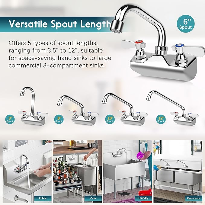Leak-Free Commercial Sink Faucet 8" Swivel Spout, Wall Mount Kitchen Hand Sink Faucet with 4 Inch Center, 1/2" NPT Male Inlet, Brass Constructed & Chrome Polished, Dual Lever Handles