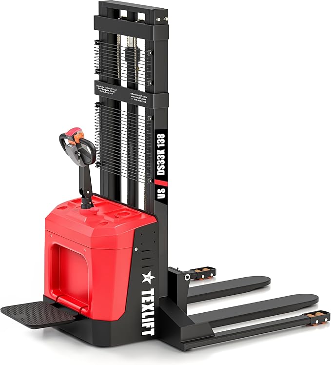 Full Electric Forklift Walkie Pallet Stacker with Stand - Fixed Straddle Legs and Adjustable Forks 5.50 Inch to 27 Inch ??Material Lifter 3300lbs Capacity 12Ft/138 Inch Lifting Heights (US-DS33K-138)