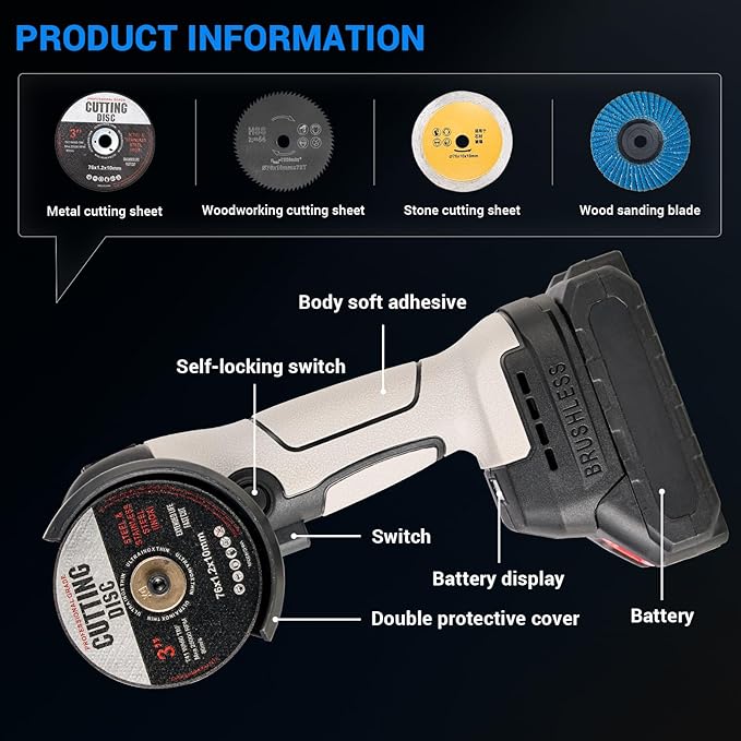 Brushless Angle Grinder, Cordless Mini Angle Grinder Brushed with 2pcs 16.8V 2000mAh Battery 5-Cutting Discs, Power Angle Grinder for Wood Metal Stone Concrete