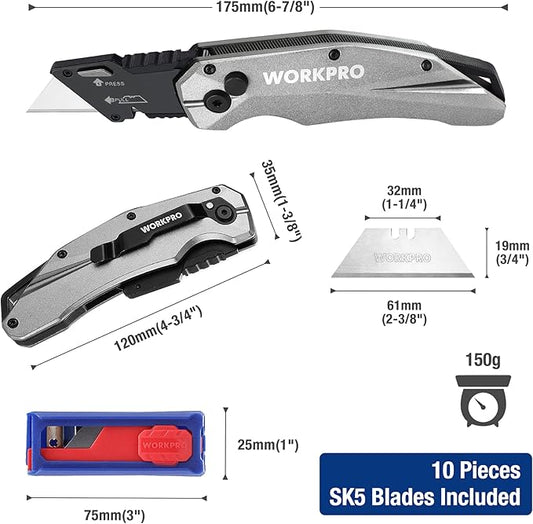 WORKPRO Folding Utility Knife, Heavy Duty Metal, Quick Open Botton Lock Box Cutter, Quick Change Blade Razor Knife, 1PC with 10 Extra SK5 Blades