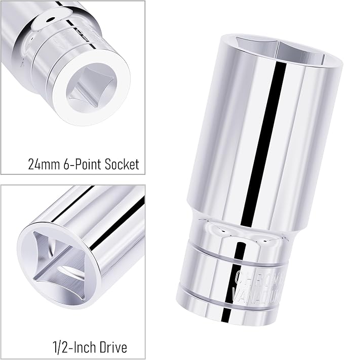 24mm(15/16-Inch) Deep Socket, 1/2 Inch Drive, 6-Point, Metric, Heat Treated CR-V Steel Sockets, Full Polishing, 3.1 Inch Length
